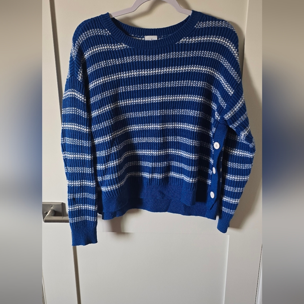 CAbi Blue and White Striped Ribbed Knit Top